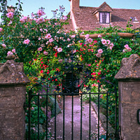 Buy canvas prints of UK, Cotswolds, Bisley, pretty cottage and garden gate by Chris Rose