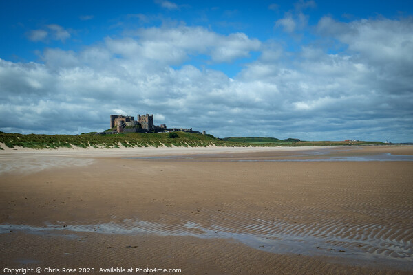 Bamburgh Castle on the horizon above Bamburgh beac Picture Board by Chris Rose