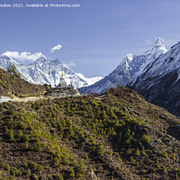 Buy canvas prints of Majestic Bhuddist Monument over Himalayan Peaks by Steven Nokes