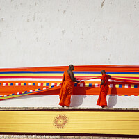 Buy canvas prints of Monks wrap a ribbon around a Stupa in Anuradphura, by Steven Nokes