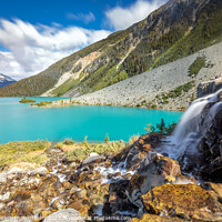 Buy canvas prints of Glacier Waterfall Turquoise Lake by Pierre Leclerc Photography