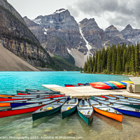 Buy canvas prints of Red Canoe Moraine Lake Blue Water by Pierre Leclerc Photography