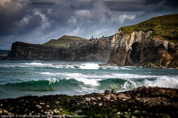 Majestic Ruins of Dunluce Overlooking the Ocean Picture Board by Arnie Livingston