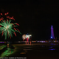 Buy canvas prints of Fireworks over the beach at Blackpool by Ian Cramman