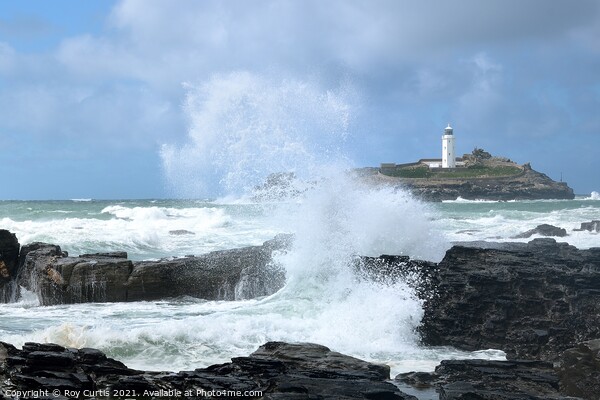 Godrevy lighthouse splash. Picture Board by Roy Curtis