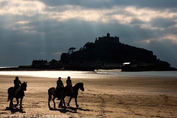 Horse Riders on Marazion Beach Picture Board by Roy Curtis