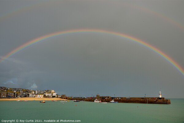 Rainbow over St. Ives Harbour Picture Board by Roy Curtis