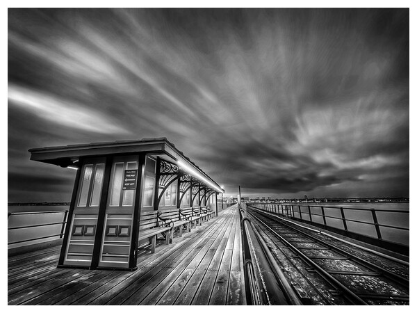 Black and White Image of Pier Bench at Southend On Sea Picture Board by johnny weaver
