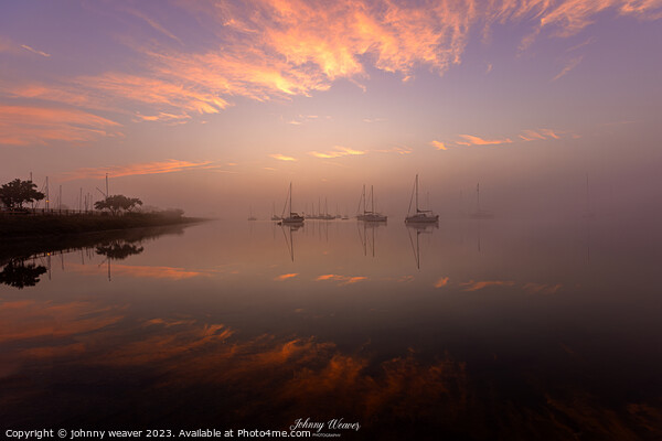 Misty Boat Sunrise reflections River Crouch Essex Picture Board by johnny weaver