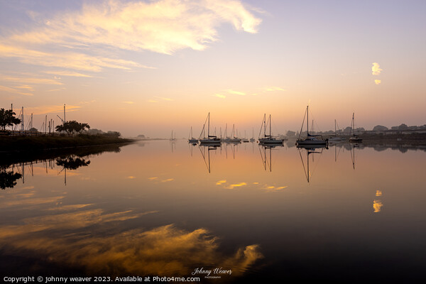 Misty Boat Sunrise reflections River Crouch Essex Picture Board by johnny weaver