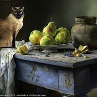 Buy canvas prints of Cat on a Blue Table by Donna Kennedy