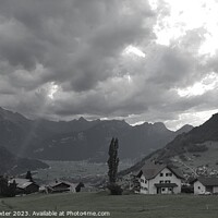 Buy canvas prints of Dramatic Sky over Swiss Alps in Black & White by Elaine Anne Baxter