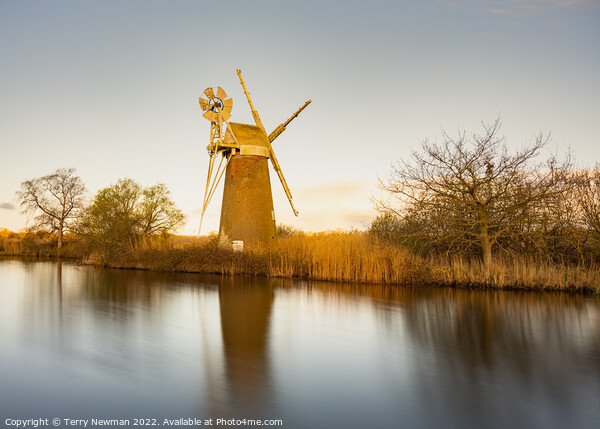 Serene Sunrise Over Turf Fen Mill Picture Board by Terry Newman
