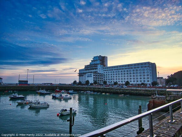 Hotel Burstin and Inner Folkestone Harbour at dusk Picture Board by Mike Hardy