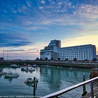 Buy canvas prints of Hotel Burstin and Inner Folkestone Harbour at dusk by Mike Hardy
