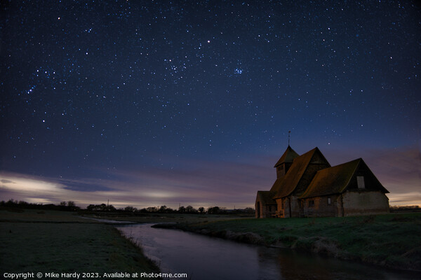 Starlit church by frozen dyke. Picture Board by Mike Hardy