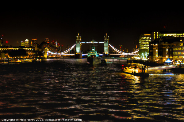 Tower Bridge and HMS Belfast at night Picture Board by Mike Hardy
