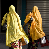 Buy canvas prints of Ladies shopping in Dubai brightly coloured by Gordon Dixon