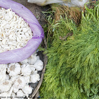 Buy canvas prints of Sacks of garlic and bunches of herbs for sale in Mumbai, India by Gordon Dixon