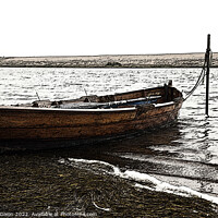 Buy canvas prints of Rowing boat moored in Fleet lagoon, Chesil Bank, Dorset - Sumi e render by Gordon Dixon