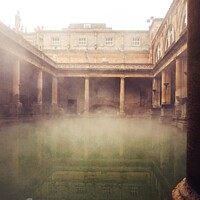 Buy canvas prints of Steamy Roman Bath in Snowy Winter Day by Rowena Ko