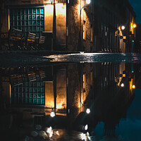 Buy canvas prints of Puddle reflection of the lightened up York Street in early rainy morning Bath by Rowena Ko