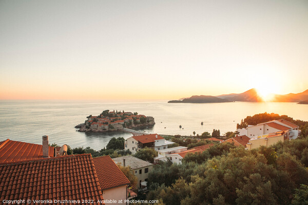 Sunset on Montenegro Sveti Stefan Picture Board by Veronika Druzhnieva