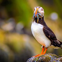 Buy canvas prints of Amazing Puffin with a colourful catch of Sand Eels by DAVID FRANCIS