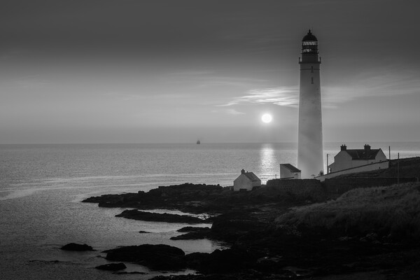 Sunrise at Scurdie Ness Lighthouse Mono  Picture Board by DAVID FRANCIS