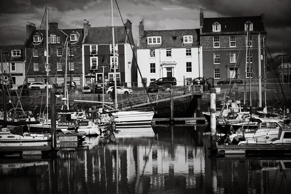 Houses and Fishing Boats at Arbroath Harbour Mono Picture Board by DAVID FRANCIS