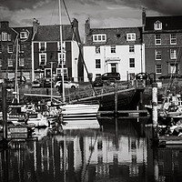 Buy canvas prints of Houses and Fishing Boats at Arbroath Harbour Mono by DAVID FRANCIS