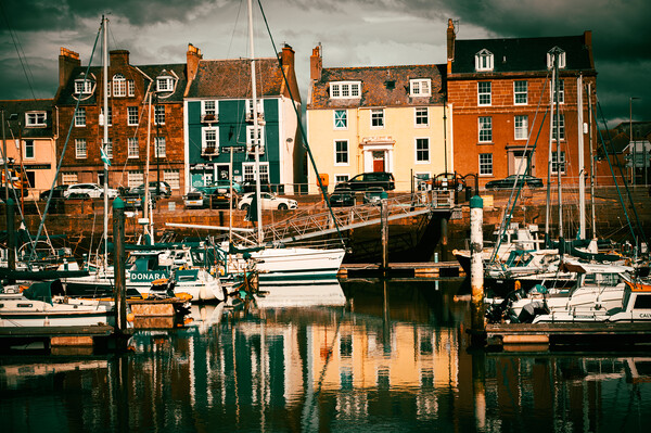 Colourful Houses and Fishing Boats at Arbroath Harbour Picture Board by DAVID FRANCIS