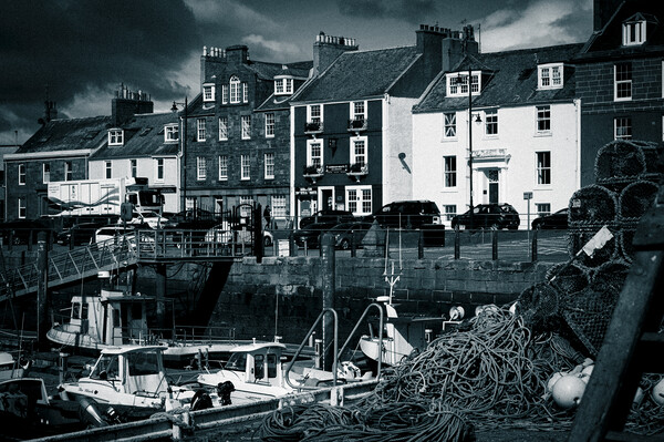 Houses and Fishing Boats at Arbroath Harbour Mono Picture Board by DAVID FRANCIS