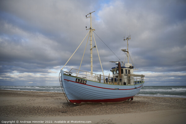 Fishing boat moored at Thorup Strand Picture Board by Andreas Himmler