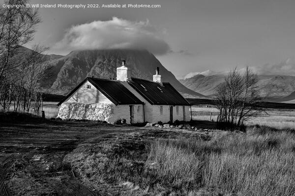 Blackrock Cottage in Glencoe with Buachaille Etive Mor in the background. Mono Picture Board by Will Ireland Photography