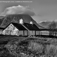 Buy canvas prints of Blackrock Cottage in Glencoe with Buachaille Etive Mor in the background. Mono by Will Ireland Photography
