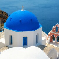Buy canvas prints of Santorini Blue Dome Church Greece by Craig Yates