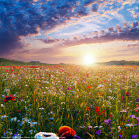 Buy canvas prints of AI Sunrise over flower meadow by Stephen Pimm