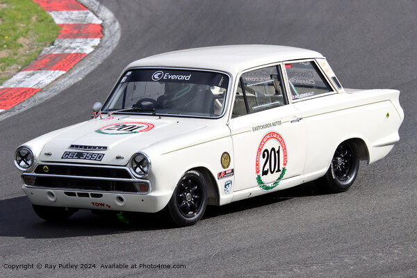 White Ford Lotus Cortina Mk1 Race Track Picture Board by Ray Putley