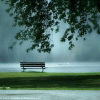 Buy canvas prints of "Enchanting Serenity: A Park Bench by the Misty La by Ken Oliver