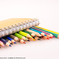 Buy canvas prints of color pencils of various colors near a notebook by Turgay Koca