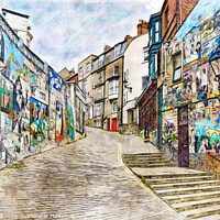 Buy canvas prints of Graffiti Decorating Walls of Houses on a Cobbled S by Steve Gill