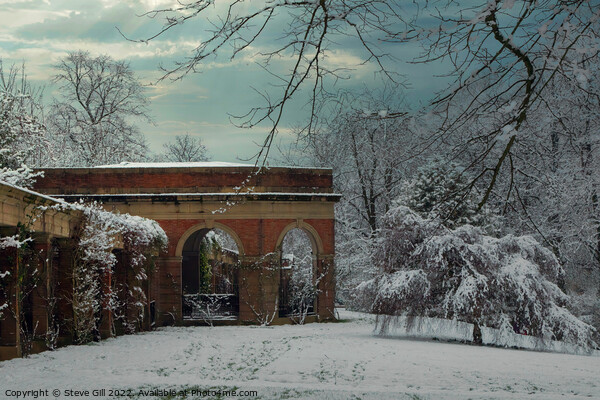 The Valley Gardens' Snow-covered Architecture and Trees in Harrogate. Picture Board by Steve Gill