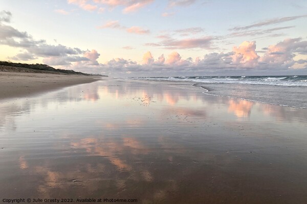 Pink Sunset with reflections over Coolum Beach Picture Board by Julie Gresty