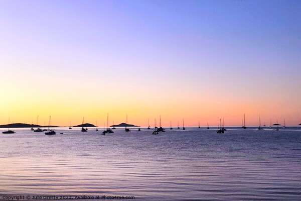 Boats in Silhouette against a Rainbow Sunset Picture Board by Julie Gresty