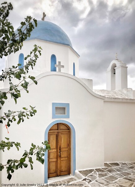 Greek Chapel with Blue Dome Lefkes, Paros,  Greece Picture Board by Julie Gresty
