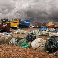 Buy canvas prints of Fishing Boats and Nets on Hastings Beach by Sally Wallis