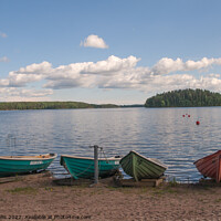 Buy canvas prints of Boats at lakeside, Finland by Sally Wallis