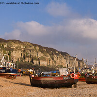 Buy canvas prints of fishing boats on Hastings Beach by Sally Wallis