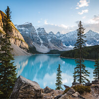 Buy canvas prints of Moraine lake at sunset in autumn, Banff, Canada by Matteo Colombo